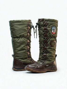 Pajar Canada Tall Snow Boots Waterproof Lace Up Nylon Leather Green Brown 6.5